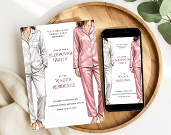 Invitación para fiesta de pijamas, invitación minimalista para fiesta de pijamas de chicas, invitación editable para cumpleaños y fiestas de pijamas (descarga en Canva)