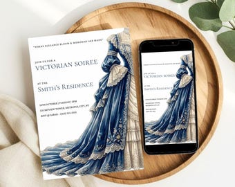 Invitación a fiesta victoriana, invitación minimalista vintage para velada, invitación a fiesta de té victoriana, plantilla editable de Canva elegante para fiestas antiguas.