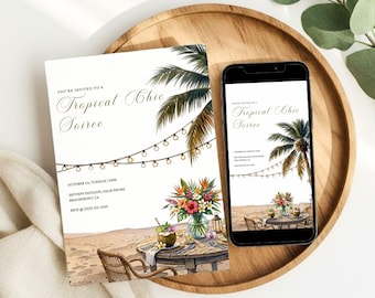 Tropical Party Invitation, Minimalist Tropical Chic Soiree Invite, Elegant Summer Event Editable Canva Download