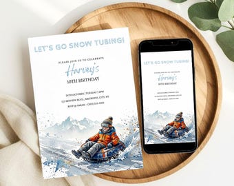 Invito di compleanno con discesa in snow tubing, invito per festa invernale, avventura sulla neve (download digitale)