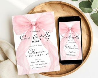 Invitación de primer cumpleaños con lazo rosa, invitación cristiana para niña (editable en Canva, descarga digital)