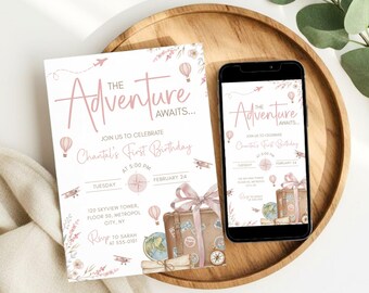 Invitación de primer cumpleaños con temática de viajes en rosa, editable (descarga en Canva)