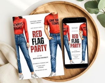 Invito per la festa a tema bandiera rossa, invito minimalista per feste a tema bandiera rossa per adulti, divertente invito di compleanno modificabile da scaricare su Canva