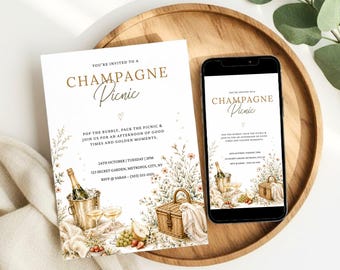 Convite para piquenique com champanhe, elegante brunch ao ar livre (download digital)