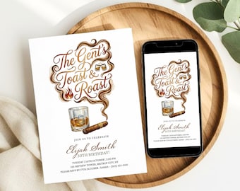 Invitación de cumpleaños número 30 con brindis de caballero, plantilla minimalista y elegante de Canva (descarga digital)