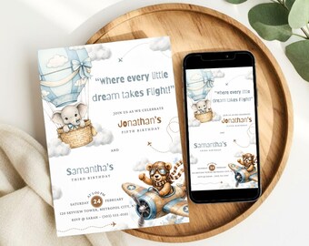 Airplane and Hot Air Balloon Sibling Birthday Invitation, Minimalist Joint Birthday Party Invite, Editable Canva Download