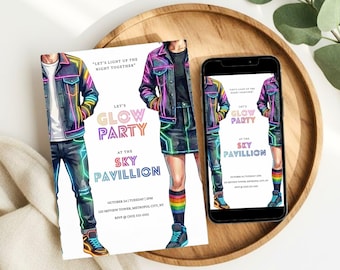 Invitación para fiesta neón fluorescente, invitación minimalista para adultos con temática fluorescente, invitación de cumpleaños que brilla en la oscuridad (descargable en Canva, editable)