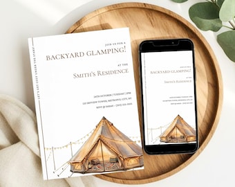 Invitación para fiesta de glamping, invitación minimalista para glamping en el jardín, invitación para fiesta de pijamas bohemia (descargable en Canva)