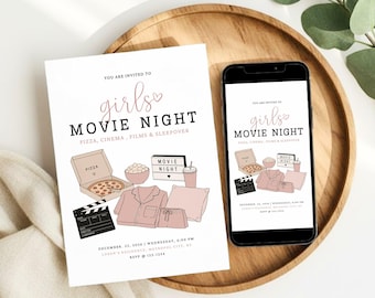 Invito per pigiama party a tema cinema tra ragazze, invito minimalista per festa di compleanno (download digitale)