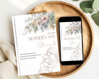 Floral Mother's Day Brunch Invitation, Minimalist Mom's Day Invite (Canva Download)