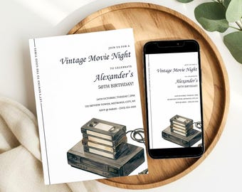 Invitación para noche de cine retro en VHS, fiesta de cumpleaños de los 80, plantilla de Canva (descarga digital)