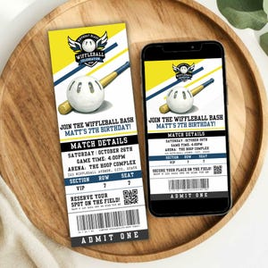 May include: A wiffleball birthday party invitation and a digital version on a smartphone. The design features a wiffleball and bat graphic with text that reads "Join the Wiffleball Bash" and event details. The ticket says "Admit One".