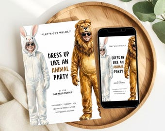 Invito per una festa a tema animali, invito minimalista per feste in costume per adulti, divertente invito a tema animali modificabile da scaricare su Canva.