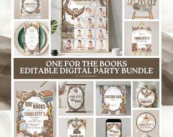 Paquete para fiesta de primer cumpleaños "One for the Books", decoración de cuentos para el primer cumpleaños, invitación editable con temática de libros, póster de hitos y letrero de bienvenida.