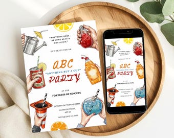 Invito per la festa "Anything But a Cup", invito minimalista per feste per adulti con l'alfabeto, divertente invito per feste a tema alcol, modificabile e scaricabile da Canva.