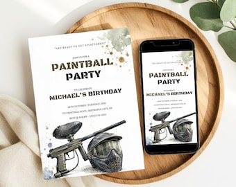 Invito di compleanno a tema paintball, invito per festa a tema azione, download modificabile su Canva