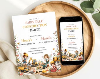 Convite de aniversário editável com tema de construção de contos de fadas, convite para festa de irmãos (modelo Canva)