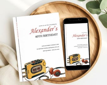 Invitación con música de casete, invitación de cumpleaños minimalista retro, plantilla editable de Canva para fiestas vintage, invitación con diseño de walkman.