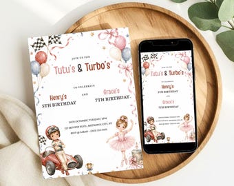 Convite de aniversário para irmãos com tema de tutus e turbos, festa com bailarinas e carros de corrida, convite de aniversário para irmão e irmã, modelo editável