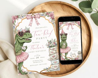 T-Rex Tutu Girl Dinosaur Birthday Invitation, Tea-Rex Invite, Pink Dinosaur Invite, Girl Dino Birthday, Editable Printable and Mobile Invite