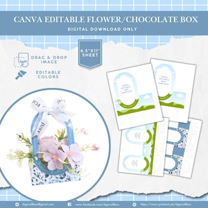 Puede incluir: Una plantilla imprimible para una caja de flores o chocolate. La plantilla está diseñada para ser editada en Canva e incluye un patrón floral azul y blanco. La plantilla mide 21,6 cm por 27,9 cm.