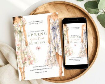 Invitación para fiesta de primavera en el jardín, invitación minimalista para reunión en el jardín, invitación floral para evento al aire libre (descargable en Canva)