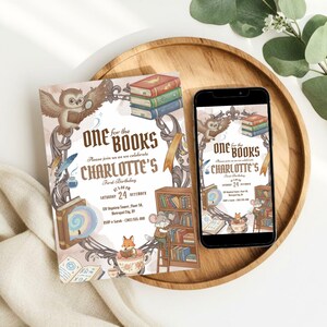May include: An invitation and a smartphone display a whimsical design for a book-themed birthday party. The invitation features an owl, books, and the text "One for the Books" and "Charlotte's First Birthday". The smartphone mirrors the invitation.