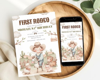 First Rodeo Birthday Invitation, Cowboy Western Party Invite, Editable Canva Template (Digital Download)