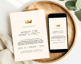 Invitación de cumpleaños "Fierce & Forty", diseño minimalista de corona (descarga digital)