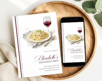 Invitación para fiesta de pasta, invitación minimalista para cena, invitación para fiesta nocturna italiana (editable en Canva)
