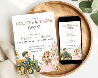 Convite de aniversário para irmãos com tema de trator e tiara, festa de aniversário conjunta para menino e menina, convite de aniversário na fazenda, convite editável