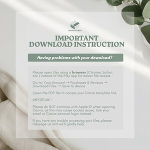 Puede incluir: Una hoja de instrucciones de descarga digital con el texto "IMPORTANT DOWNLOAD INSTRUCTION" y "Having problems with your download?". Las instrucciones aconsejan abrir Etsy en un navegador y acceder a los archivos a trav&eacute;s de la configuraci&oacute;n de la cuenta.