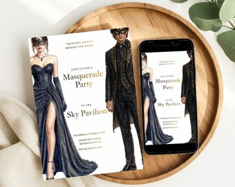 Invitación para fiesta de máscaras, invitación minimalista para baile de máscaras, elegante invitación editable para fiesta de máscaras (descarga en Canva)