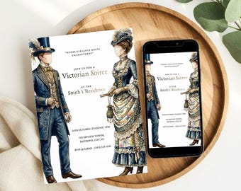 Invitación a velada victoriana, invitación minimalista vintage para fiesta, invitación de la época victoriana, fiesta de la Regencia, invitación a baile de noche, plantilla de Canva