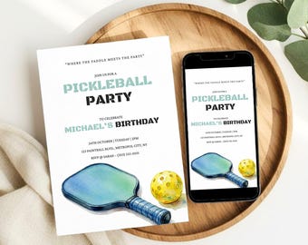Invito di compleanno a tema pickleball, invito minimalista per una festa sportiva (download digitale)