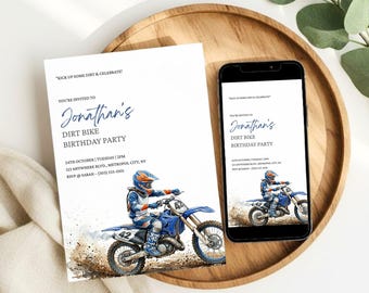 Invito di compleanno a tema motocross, invito minimalista per festa di compleanno in motocross, gara di motocross, download modificabile su Canva