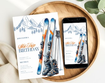 Invito di compleanno per una gita sugli sci, invito minimalista per una festa après-ski (download digitale)