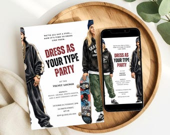 Invito per festa a tema "Vestiti come il tuo tipo", invito per festa minimalista per adulti con dress code, invito divertente per festa a tema, modificabile e scaricabile da Canva.