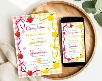 Strawberry and Lemon Sibling Birthday Invitation, Minimalist Joint Birthday Party Invite, Sweet Citrus Berry Birthday, Canva Download