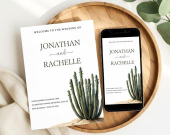 Invitación de boda con temática de cactus, invitación minimalista estilo boho del desierto (descarga en Canva)