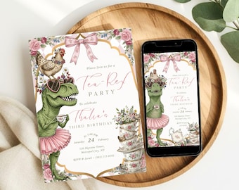 Invito di compleanno a tema dinosauri e galline, invito Tea-Rex, invito a tema dinosauri rosa, compleanno a tema dinosauri per bambine, invito modificabile, stampabile e per dispositivi mobili