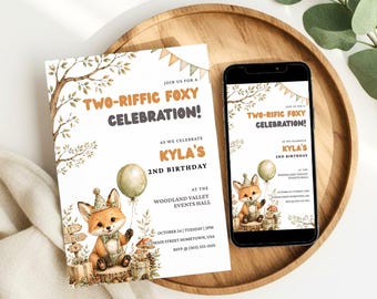Convite de aniversário com tema de raposa, convite fofo para festa de aniversário com raposa, aniversário com tema de animais da floresta, comemoração de dois anos.
