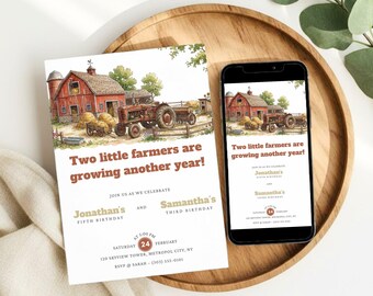 Barnyard and Tractor Sibling Birthday Invitation, Minimalist Farm Joint Birthday Party Invite, Brother Sister Birthday, Canva Download