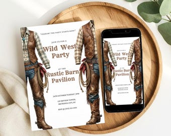 Invitación para fiesta del Viejo Oeste, invitación minimalista para fiesta western, tema vaquero para adultos, descarga editable en Canva