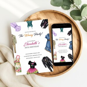 Puede incluir: Una invitación y un teléfono inteligente muestran el texto "The Wrong Party!" para celebrar el 30 cumpleaños de Elizabeth. La invitación presenta ilustraciones de acuarela de varios atuendos, incluido un vestido de mezclilla y una chaqueta de cuero.