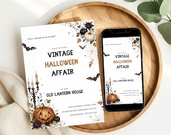 Convite Vintage para Festa de Halloween, Celebração Retrô Assustadora (Modelo Digital)