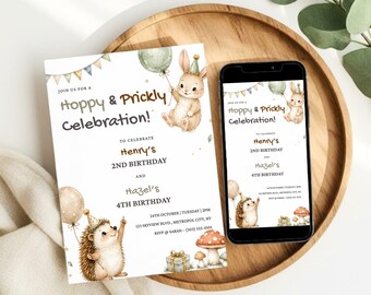 Convite de aniversário para irmãos: ouriço e coelho, festa fofa com animais da floresta, convite de aniversário de coelho e ouriço, modelo editável