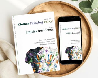 Invitación para fiesta de pintura para adultos, invitación minimalista para fiesta de arte, cumpleaños con pintura de ropa, descarga editable en Canva