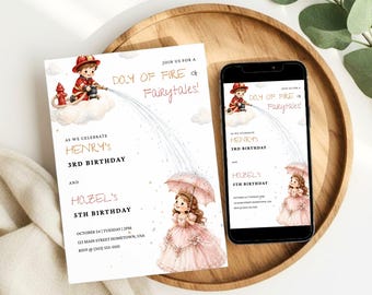 Convite de aniversário para irmãos: Pequena Princesa e Pequeno Bombeiro, Festa de Aniversário para Menina e Menino, Modelo Editável