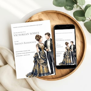 May include: A Victorian Soiree invitation with an illustration of a couple in period attire. The invitation is on a white card and a smartphone displays the same design. The text reads: "Where elegance bloom & memories are made."